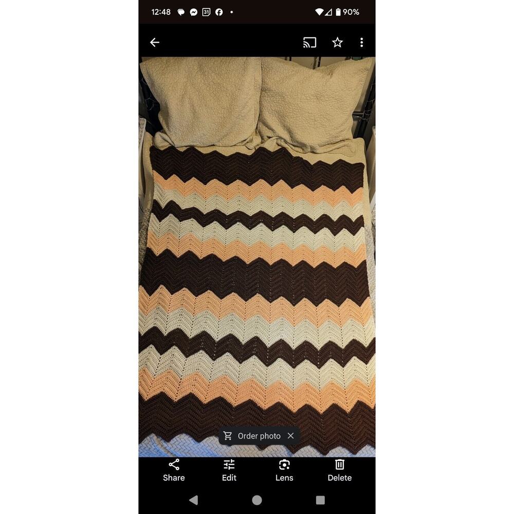 Large Granny Throw Blanket Chevron Zig Zag Pattern Vtg 70s Hand Knit Crochet